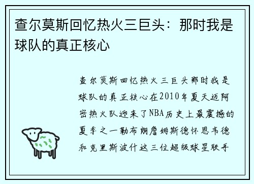 查尔莫斯回忆热火三巨头：那时我是球队的真正核心