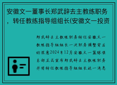 安徽文一董事长郑武辞去主教练职务，转任教练指导组组长(安徽文一投资集团真正老板)