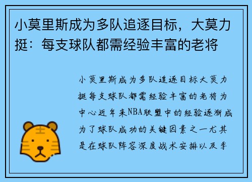小莫里斯成为多队追逐目标，大莫力挺：每支球队都需经验丰富的老将