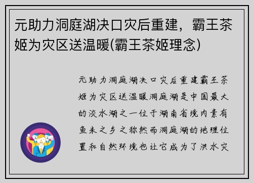 元助力洞庭湖决口灾后重建，霸王茶姬为灾区送温暖(霸王茶姬理念)